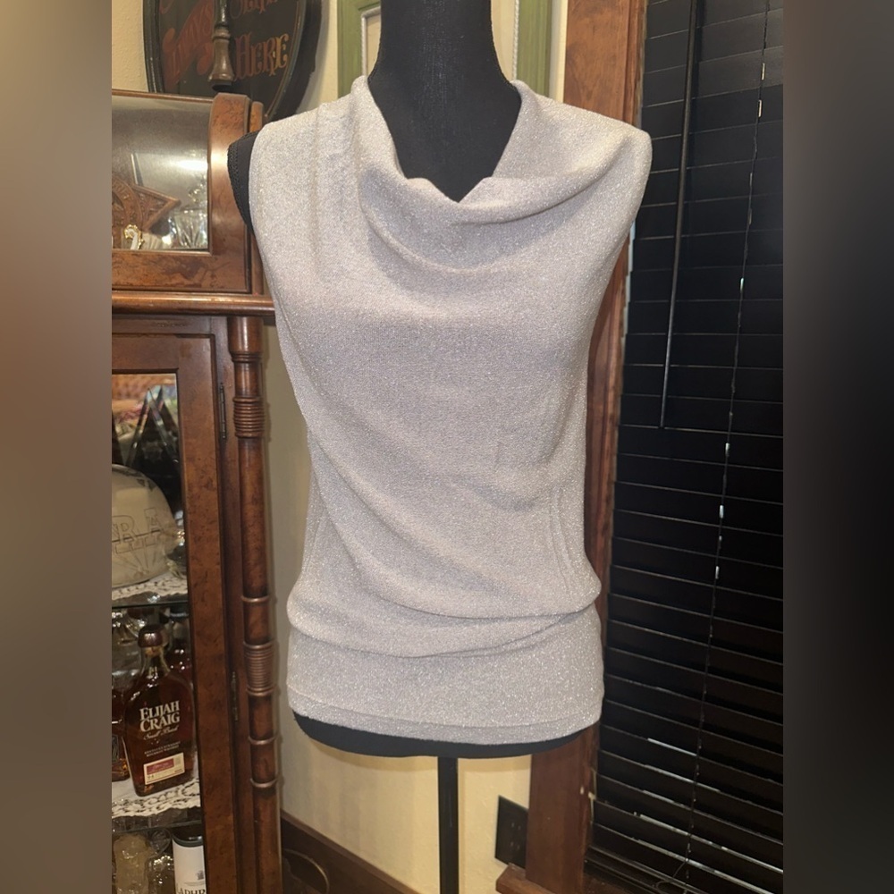 Euc "ANN TAYLOR" SILVER METALLIC NECK FOLDER  SWETER BLOUSE SLEVLESS